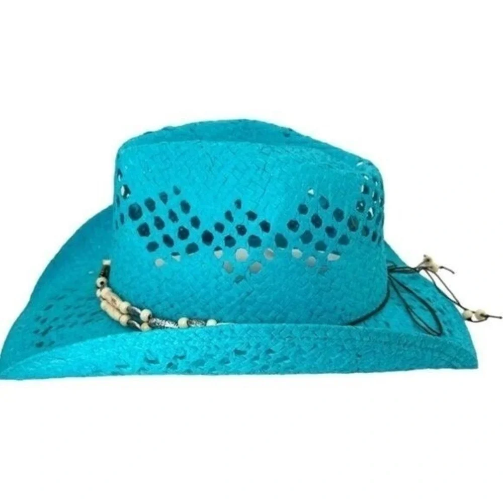 Turquoise Straw Cowboy Hat with Beaded Band Western Cowgirl NWT